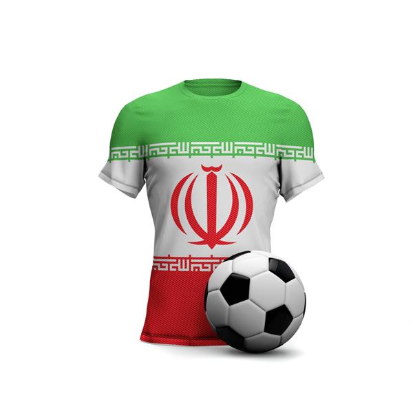پیراهن فوتبال ایران با رندر سه بعدی پرچم ملی و توپ فوتبال
