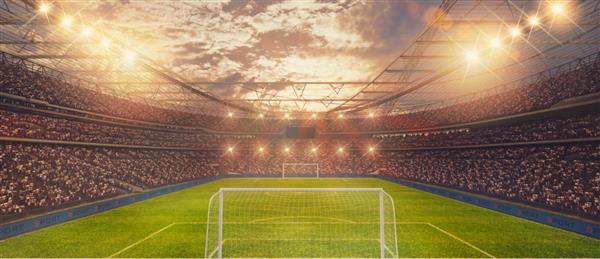 استادیوم فوتبال با تماشاگران در غروب آفتاب کامل برای رندر مسابقه