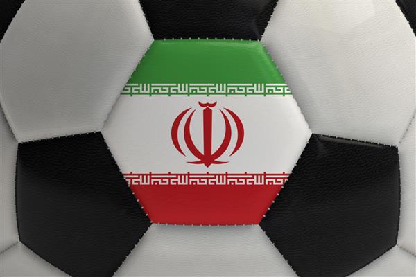 نمای نزدیک از یک توپ فوتبال با رندر سه بعدی پرچم ایران