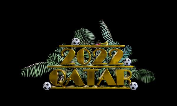 رندر سه بعدی کتیبه طلایی قطر 2022 در پس زمینه سیاه اطراف گیاهان سبز و جام جهانی فوتبال