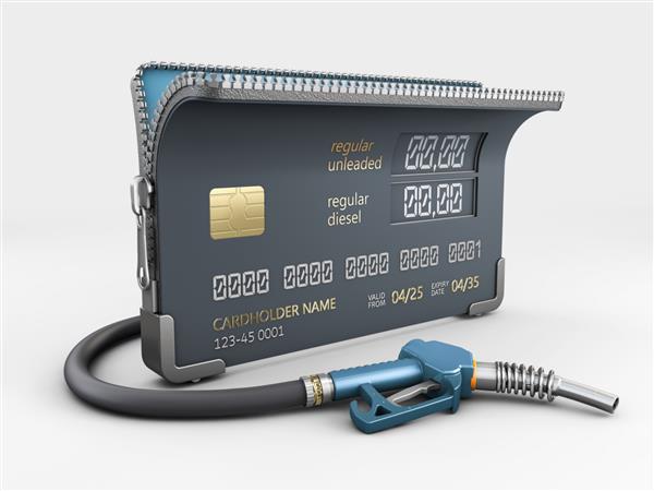 رندر سه بعدی کارت اعتباری واقعی با مفهوم پمپ بنزین شیلنگ سوخت