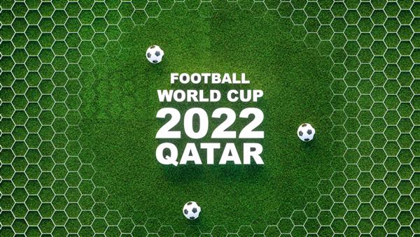 Words جام جهانی فوتبال 2022 قطر در پس‌زمینه چمن فوتبال سبز با رندر سه‌بعدی طراحی شش ضلعی