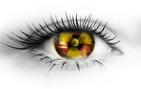 علامت تابش زرد در چشم انسان قرمز روشن در پس زمینه سفید