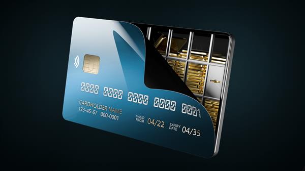 رندر سه بعدی کارت اعتباری باز شده با مسیر برش مفهوم حفاظت از کارت شمش های طلا گنجانده شده است