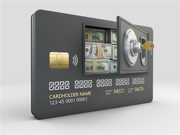 رندر سه بعدی کارت اعتباری باز شده با مفهوم حفاظت از کارت اسکناس دلار