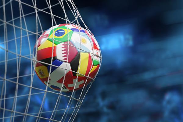 توپ فوتبال با پرچم های مسابقات قهرمانی جهان که گل را به ثمر می رساند و تصویر سه بعدی شبکه را به حرکت در می آورد