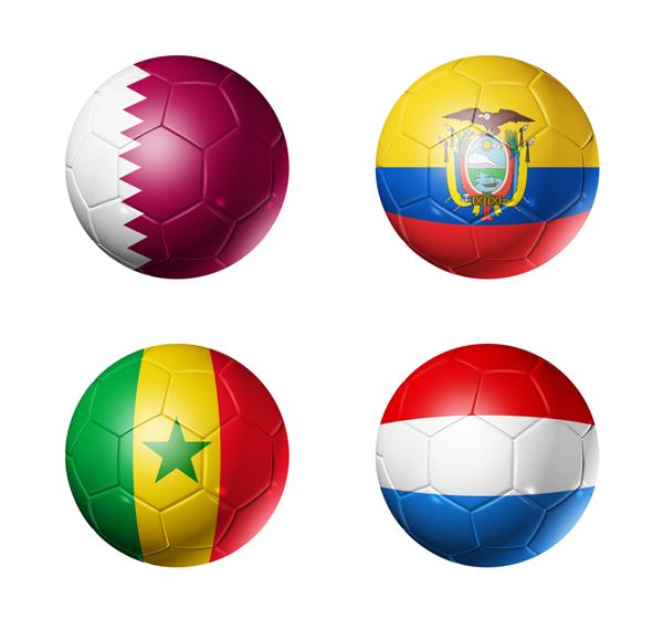 گروه فوتبال قطر 2022 یک پرچم روی توپ های فوتبال تصویر سه بعدی جدا شده در پس زمینه سفید