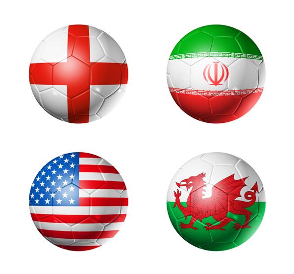 پرچم های گروه b فوتبال قطر 2022 روی توپ های فوتبال تصویر سه بعدی جدا شده روی پس زمینه سفید