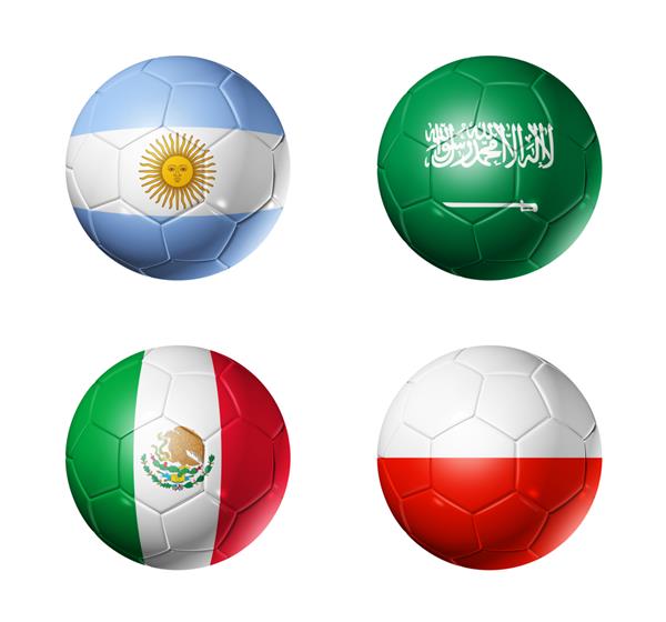 پرچم های گروه c فوتبال قطر 2022 روی توپ های فوتبال تصویر سه بعدی جدا شده در پس زمینه سفید
