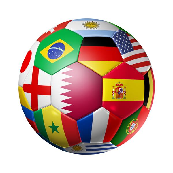 توپ فوتبال قطر 2022 با پرچم های ملی تیم با تصویر سه بعدی جدا شده در پس زمینه سفید