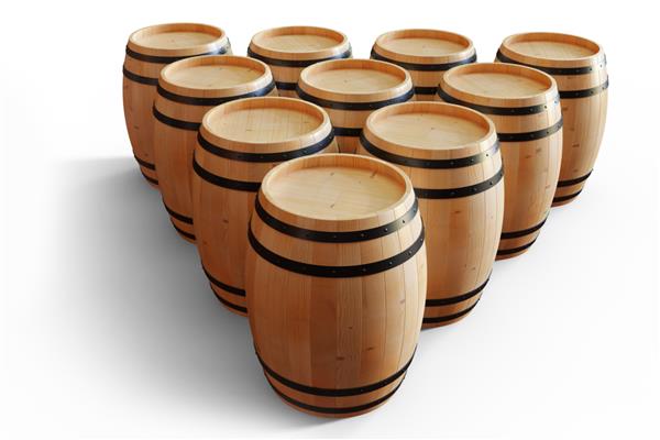 تصویر سه بعدی شراب بشکه های چوبی جدا شده در پس زمینه سفید نوشیدنی الکلی در بشکه های چوبی مانند شراب کنیاک رم براندی