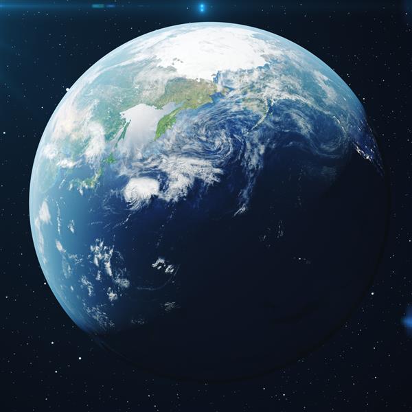 رندر سه بعدی سیاره زمین از فضا در شب کره جهان از فضا در یک میدان ستاره ای که عناصر زمین و ابرهای این تصویر ارائه شده توسط ناسا را نشان می دهد