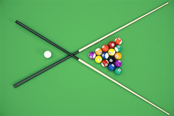 تصویر سه بعدی توپ های بیلیارد در یک میز بیلیارد سبز