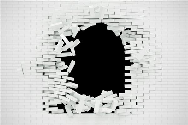 انفجار تخریب یک دیوار آجری سفید چکیده برای محتوای قالب