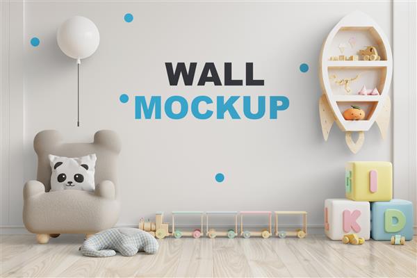 ماکت دیوار اتاق کودک روی دیوار رنگ های سفید رندر سه بعدی