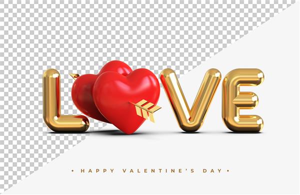 حروف طلایی عاشقانه با قلب های قرمز با پیکان رندر سه بعدی کوپید جدا شده