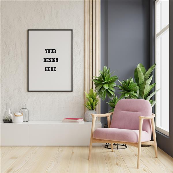 ماکت پوستر با قاب های عمودی روی دیوار خالی در فضای داخلی اتاق نشیمن با صندلی راحتی مخملی صورتی رندر سه بعدی