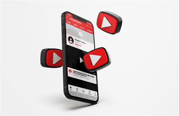 موکاپ یوتیوب روی تلفن همراه با نمادهای سه بعدی
