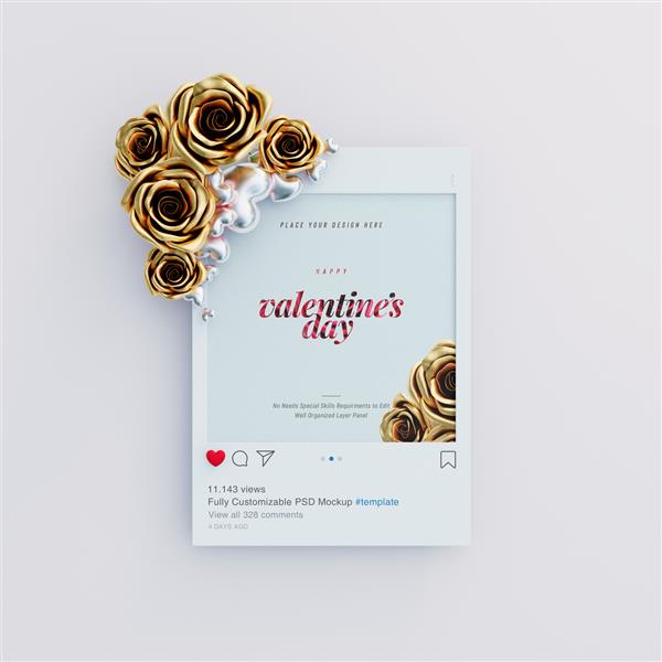 ماکاپ پست اینستاگرام با ویبرهای ولنتاین تزئین شده با گل های رز زیبا و قلب های عاشقانه