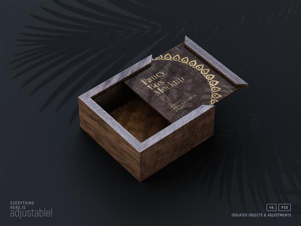 ماکت جعبه چوبی لوکس با نمای پرسپکتیو ایزوله با پوشش سایه