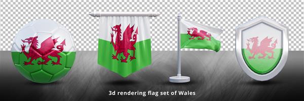 تصویر مجموعه پرچم ملی ولز یا نماد مجموعه پرچم کشور ولز واقع گرایانه سه بعدی