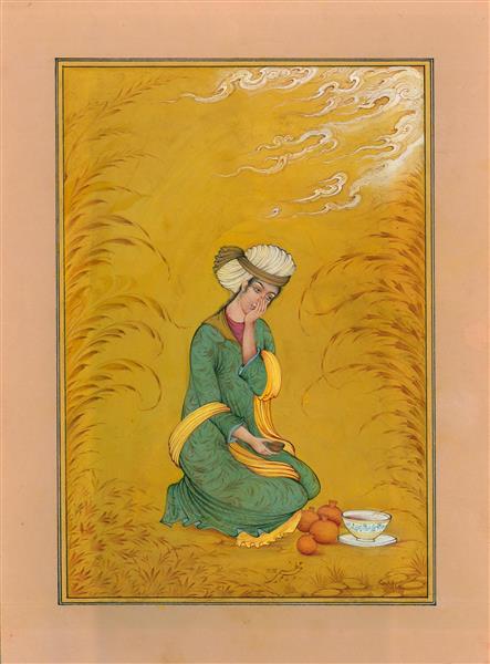 جوان نشسته تک فیگور مکتبی نقاشی مینیاتور زیبا اثر رحیم عظیمی