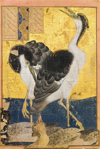 نقاشی دو مرغ ماهیخوار با اردک ها
