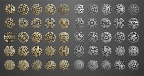 وکتور زیور اسلیمی نقوش ایرانی عناصر الگوی گرد اسلامی سه بعدی ماه رمضان مجموعه قالب آرم هندسی نمادهای عربی زینتی دایره ای