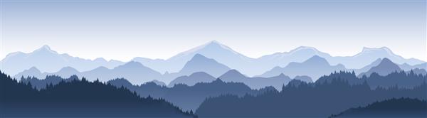 تصویر وکتور از منظره کوه آبی تیره زیبا با مه و جنگل طلوع و غروب خورشید در کوهستان