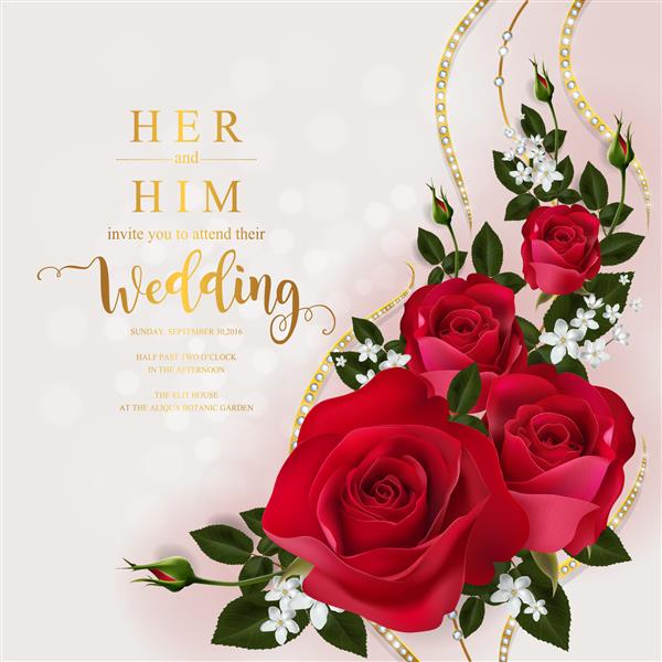 قالب‌های کارت دعوت عروسی یا تبریک روز ولنتاین با رز قرمز زیبا با طرح‌های طلایی و کریستال روی کاغذ
