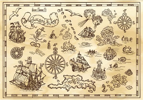 مجموعه طراحی با عناصر تزئینی دریایی موجودات فانتزی جزئیات نقشه گنج دزدان دریایی ماجراهای دزدان دریایی شکار گنج و مفهوم حمل و نقل قدیمی تصاویر وکتور کشیده شده با دست