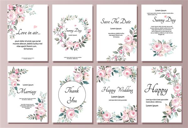 ست کارت با گل رز برگ مفهوم تزیین عروسی پوستر صورتی گل دعوت کنید وکتور کارت تبریک تزئینی یا پس زمینه طرح دعوت