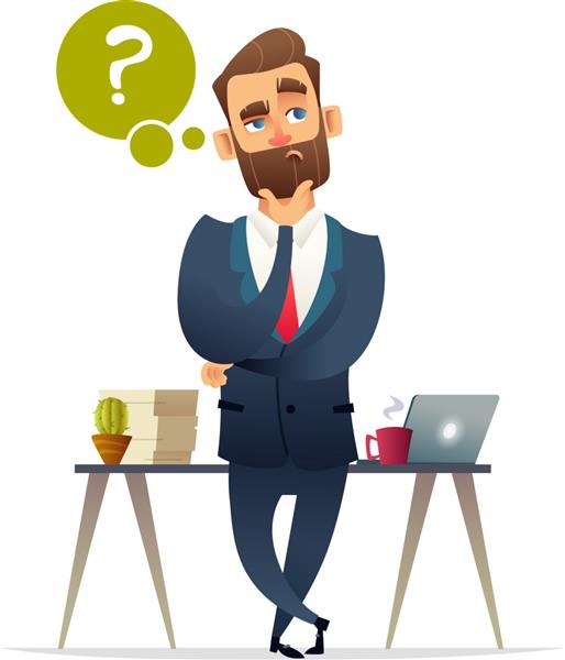 تفکر شخصیت تاجر ریش موفق مرد متفکری که با علامت سوال احاطه شده است تصویر مفهوم کسب و کار