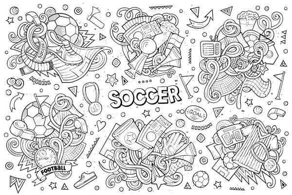 مجموعه کارتونی ابله دستی وکتور هنر خطی از ترکیبات فوتبال از اشیاء و عناصر تمامی اقلام مجزا هستند