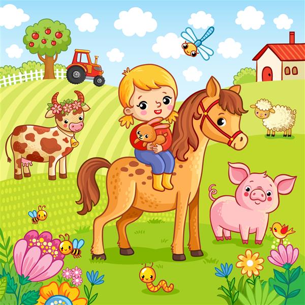 دختر روی اسبی نشسته و خرگوشی را در دستانش گرفته است تصویر وکتور با حیوانات در مزرعه