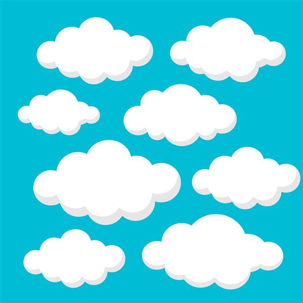 مجموعه ابرهای جدا شده روی پس زمینه آبی مجموعه ابرها برای وب سایت پوستر پلاکارد و کاغذ دیواری مفهوم مدرن خلاقانه تصویر وکتور ابرها