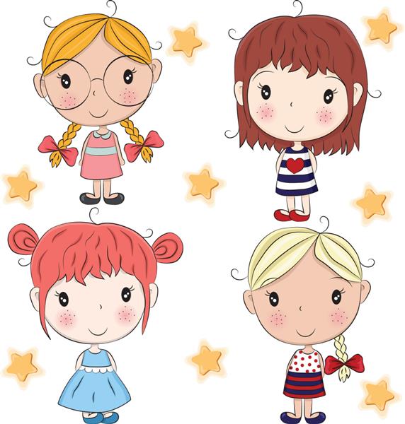 مجموعه ای از دختران کارتونی زیبا در زمینه سفید بچه های ناز دختران شخصیت کارتونی کودکان قابل استفاده برای لباس کودکان قالب برای طراحی کارت نوت بوک فروشگاه پوستر