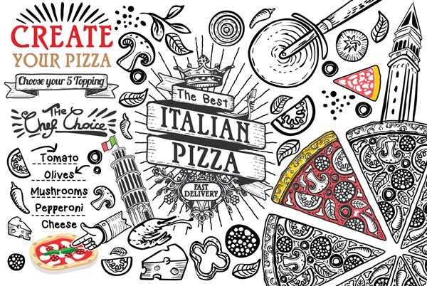 مواد غذایی ایتالیایی در نمای بالا این یک قاب رستوران پیتزا است الگوی خط‌دار یا تصویر ابله طراحی وکتور