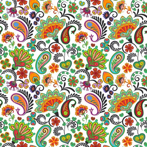 الگوی وکتور رسم بدون درز دستی پیزلی الگوی سنتی هندی برای پارچه کاغذ دیواری دکور و غیره رنگ‌های سبز نارنجی روشن