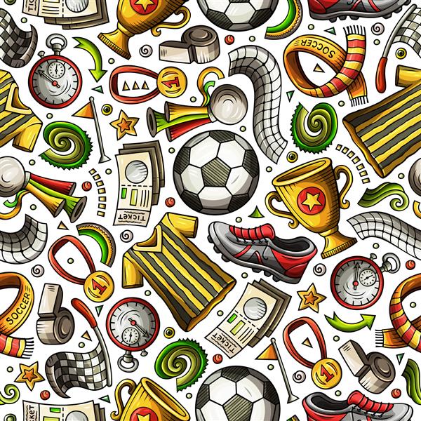 الگوی بدون درز فوتبال با دست طراحی شده کارتونی بسیاری از نمادها اشیاء و عناصر پس زمینه وکتور خنده دار عالی