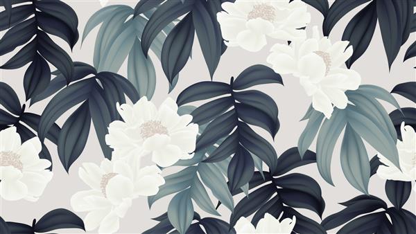 الگوی بدون درز گیاه‌شناسی گل‌ها و برگ‌های پانیا لاکتی فلورا سفید در زمینه قهوه‌ای روشن