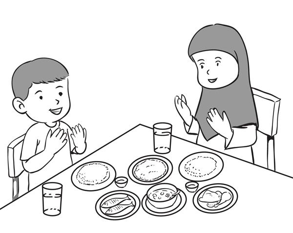 بچه های مسلمان در حال صرف غذا نماز خواندن و عبادت - کارتون سیاه و سفید برای رنگ آمیزی