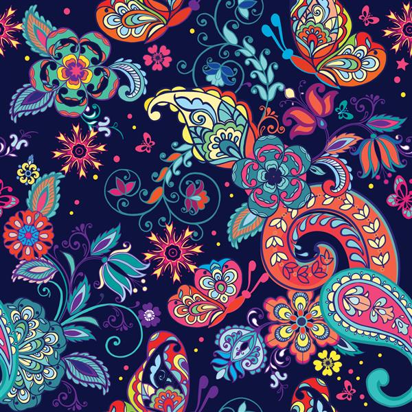 الگوی بدون درز رنگارنگ با پروانه ها و عناصر تزئینی پیزلی سبک هندی زیور آلات تزئینی برای پارچه پارچه کاغذ بسته بندی