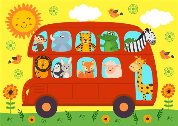 اتوبوس خنده دار لندن با حیوانات - تصویر وکتور eps