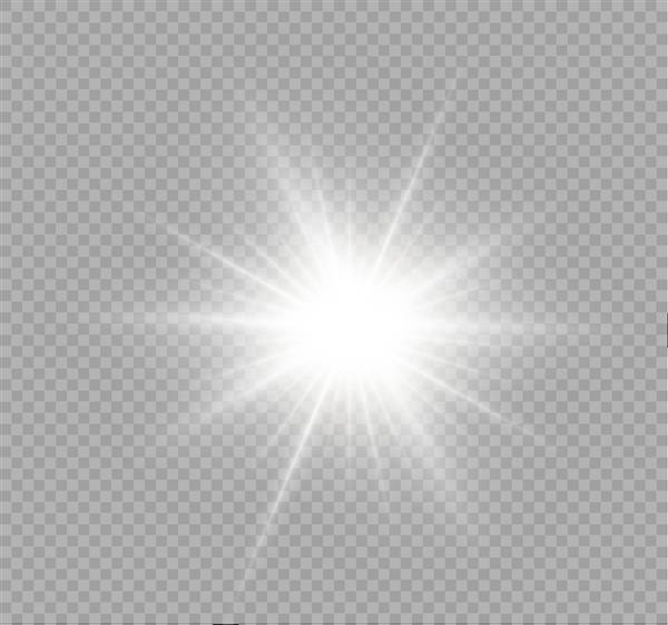 انفجار نور درخشان سفید در پس زمینه شفاف تصویر وکتور دکوراسیون افکت نور با اشعه ستاره درخشان خورشید درخشان شفاف شعله ور روشن فلاش پر جنب و جوش وسط