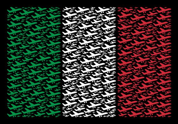 ترکیب تخت پرچم رسمی ایتالیا که از اقلام هواپیما در زمینه سیاه طراحی شده است عناصر هواپیمای وکتور در الگوی پرچم ایتالیایی انتزاعی گروه بندی می شوند