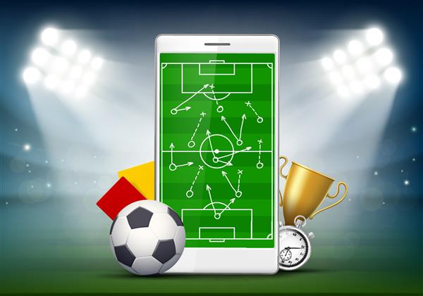 زمین فوتبال روی صفحه گوشی هوشمند تاکتیک بازی کردن در فوتبال توپ با کارت های زرد و قرمز در استادیوم تصویر وکتور سهام