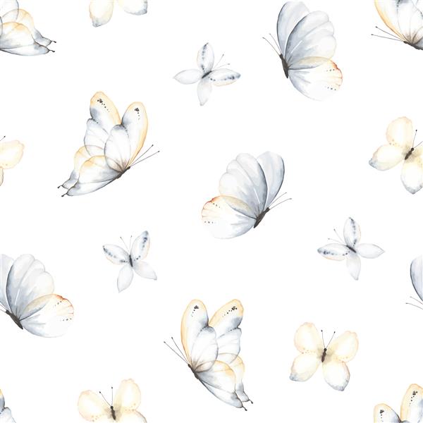 الگوی با پرواز پروانه های ملایم رنگ آبی و نیلی تصویر وکتور بدون درز در پس زمینه سفید به سبک آبرنگ قدیمی