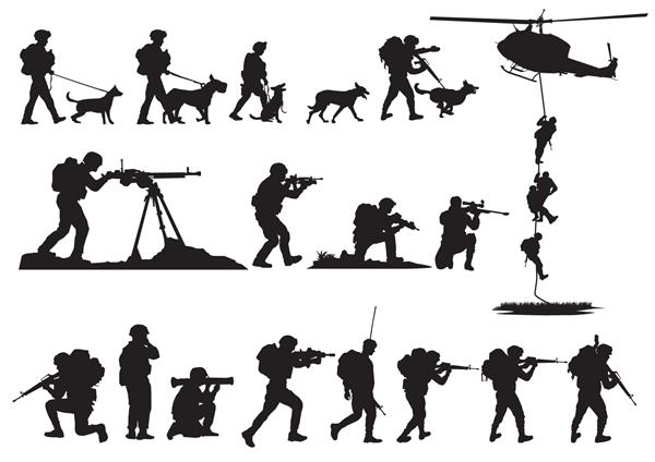 مجموعه ای از شبح های نظامی تصویر وکتور نظامی سربازان ارتش سگ نظامی پس زمینه سیلوئت های نظامی