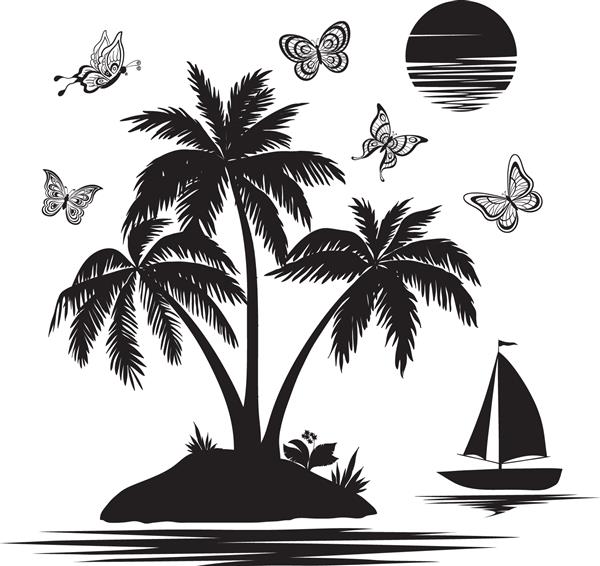 جزیره دریای گرمسیری با درختان نخل و گل کشتی پروانه ها و خورشید سیلوئت ها و خطوط مشکی را روی پس زمینه سفید تنظیم کنید بردار